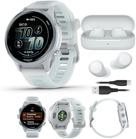 Garmin Forerunner 570 42mm AMOLED (Cloud Blue/Whitestone) GPS Smartwatch with Wireless Earbuds Bundle (2 Items)