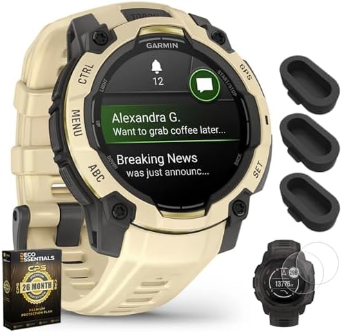 Garmin Instinct 3 45 mm Outdoor GPS Smartwatch AMOLED Citrine with Citrine Band 010-02936-02 Bundle with Dust Cover, 2-Pack Screen Protector and Deco Essentials 26 Month CPS Enhanced Protection Pack