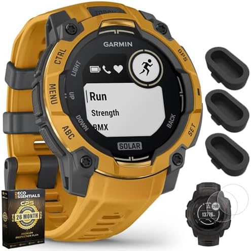 Garmin Instinct 3-45 mm GPS Smartwatch Solar Sunburst with Sunburst/Gray Band 010-02934-02 Bundle with Dust Cover, 2-Pack Screen Protector and Deco Essentials 26 Month CPS Enhanced Protection Pack