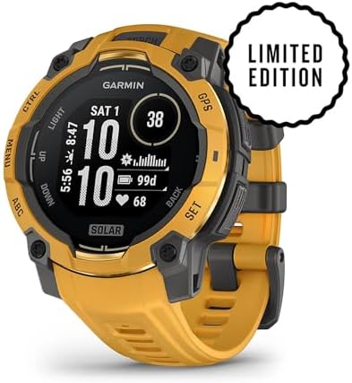 Garmin Instinct 3-45 mm GPS Smartwatch Solar Sunburst with Sunburst/Gray Band 010-02934-02 Bundle with Dust Cover, 2-Pack Screen Protector and Deco Essentials 26 Month CPS Enhanced Protection Pack