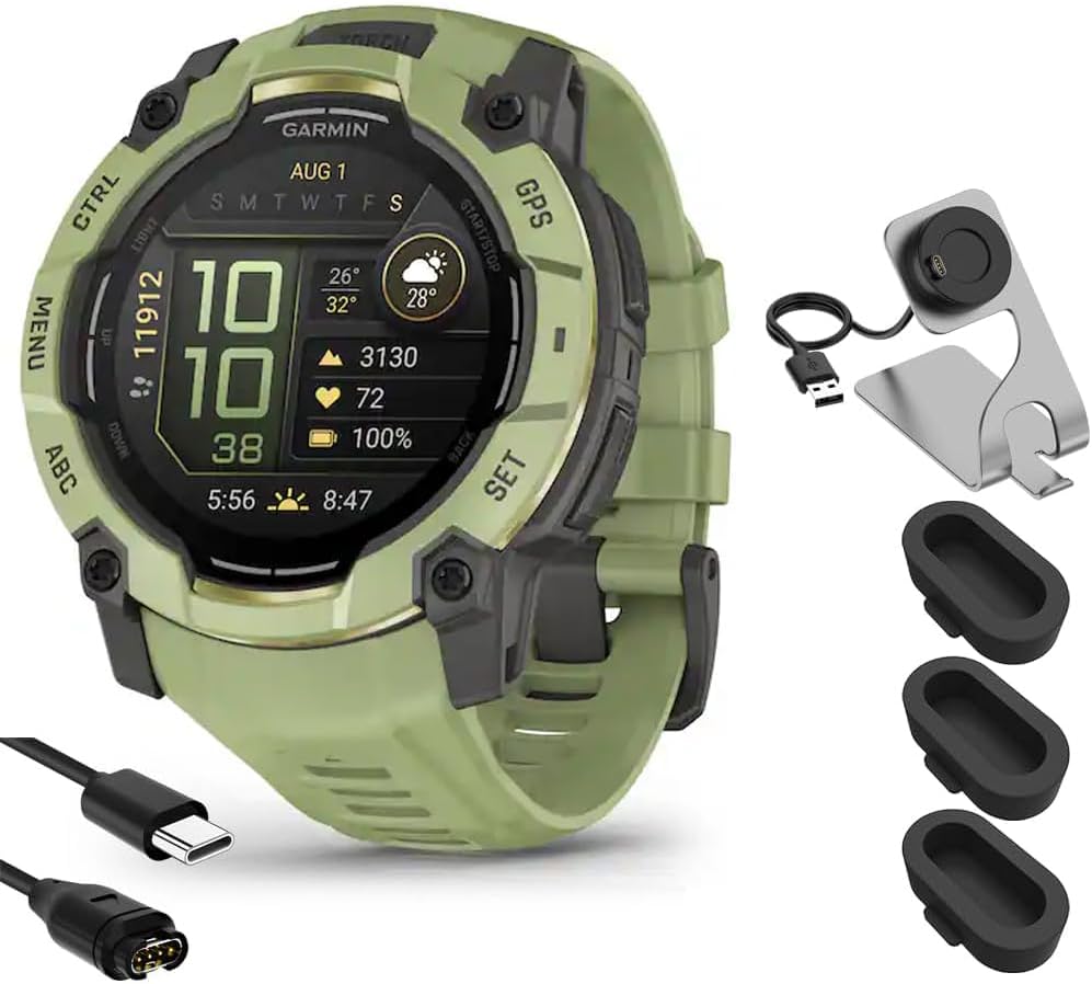 Garmin Instinct 3-50 mm Outdoor GPS Smartwatch AMOLED Fern Green with Fern Green Band 010-03020-02 Bundle with Deco Essentials Charging Dock, Silicone Dust Cover and USB Type C Charging Cable