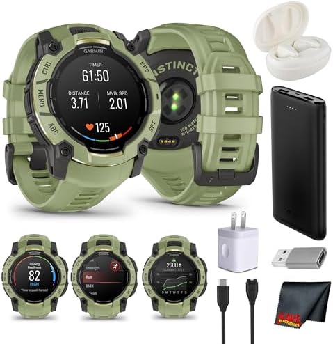 Garmin Instinct 3-50 mm, 24 Day Battery, Rugged Outdoor GPS Smartwatch, AMOLED Display, Alpine Rush Collection Limited Edition Color, Fern Green Bundle with Cleaning Cloth Wireless Earbuds + More