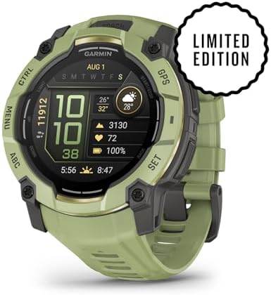 Garmin Instinct 3-50 mm, 24 Day Battery, Rugged Outdoor GPS Smartwatch, AMOLED Display, Alpine Rush Collection Limited Edition Color, Fern Green Bundle with Cleaning Cloth Wireless Earbuds + More