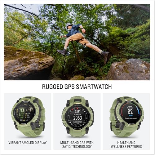Garmin Instinct 3-50 mm, 24 Day Battery, Rugged Outdoor GPS Smartwatch, AMOLED Display, Alpine Rush Collection Limited Edition Color, Fern Green Bundle with Cleaning Cloth Wireless Earbuds + More