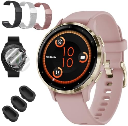 Garmin Venu 3S Soft Gold Stainless Steel Bezel AMOLED Smartwatch, 41mm Dust Rose Case, 010-02785-03 - Bundle w/Deco Essentials 18mm Nylon Elastic Bands