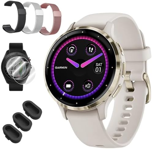 Garmin Venu 3S Soft Gold Stainless Steel Bezel AMOLED Smartwatch, 41mm Ivory Case, 010-02785-04 - Bundle w/Deco Essentials 18mm Nylon Elastic Bands