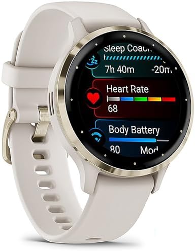 Garmin Venu 3S Soft Gold Stainless Steel Bezel AMOLED Smartwatch, 41mm Ivory Case, 010-02785-04 - Bundle w/Deco Essentials 18mm Nylon Elastic Bands