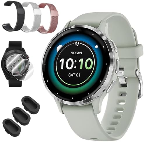 Garmin Venu 3S Silver Stainless Steel Bezel AMOLED Smartwatch, 41mm Sage Gray Case, 010-02785-01 - Bundle w/Deco Essentials 18mm Nylon Elastic Bands