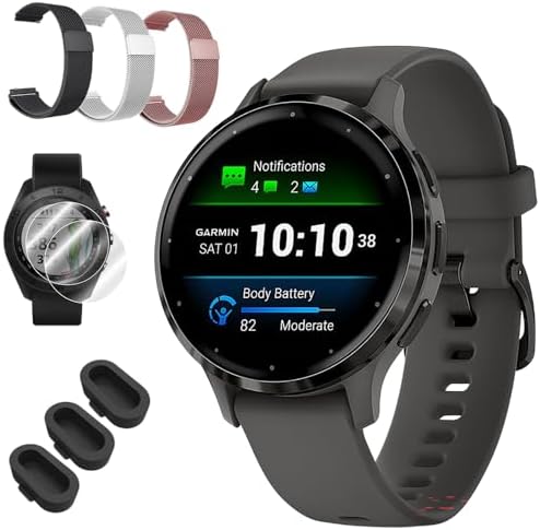 Garmin Venu 3S Slate Stainless Steel Bezel AMOLED Smartwatch, 41mm Pebble Gray Case, 010-02785-00 - Bundle w/Deco Essentials 18mm Nylon Elastic Bands