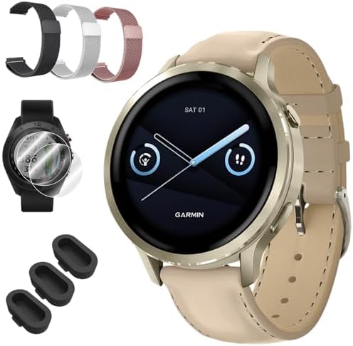 Garmin Venu 4 41mm Health and Fitness GPS Smartwatch, AMOLED, Lunar Gold with Bone Band and Light Sand Leather Band, 010-03013-03 - Bundle w/Deco Essentials 18mm Nylon Elastic Bands