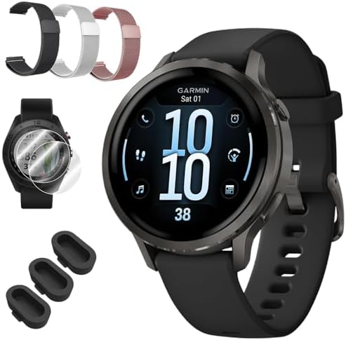 Garmin Venu 4 41mm Health and Fitness GPS Smartwatch, AMOLED, Slate with Black Silicone Band, 010-03013-02 - Bundle w/Deco Essentials 18mm Nylon Elastic Bands