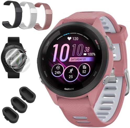 Garmin Forerunner 265S Running GPS Smartwatch, AMOLED Display, 42mm, Light Pink/Whitestone, 010-02810-05 - Bundle w/Deco Essentials 18mm Nylon Elastic Bands