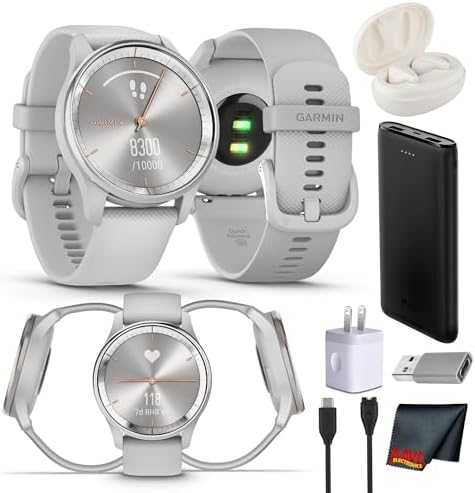 Garmin vivomove Trend Stylish Hybrid Smartwatch, Analog Watch with Hidden Touchscreen, 5 Days Battery - Silver Bezel - Mist Grey Case - Silicone Band Bundle with Wireless Earbuds + More