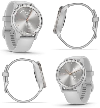Garmin vivomove Trend Stylish Hybrid Smartwatch, Analog Watch with Hidden Touchscreen, 5 Days Battery - Silver Bezel - Mist Grey Case - Silicone Band Bundle with Wireless Earbuds + More