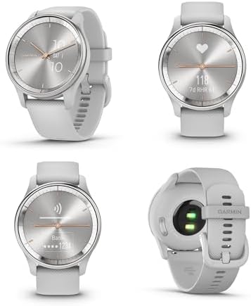 Garmin vivomove Trend Stylish Hybrid Smartwatch, Analog Watch with Hidden Touchscreen, 5 Days Battery - Silver Bezel - Mist Grey Case - Silicone Band Bundle with Wireless Earbuds + More