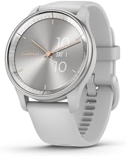 Garmin vivomove Trend Stylish Hybrid Smartwatch, Analog Watch with Hidden Touchscreen, 5 Days Battery - Silver Bezel - Mist Grey Case - Silicone Band Bundle with Wireless Earbuds + More