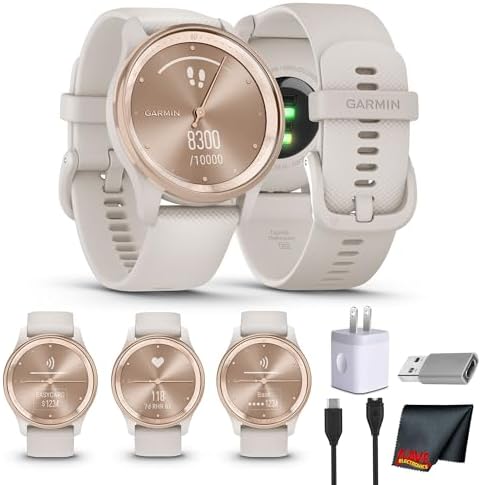 Garmin vivomove Trend Stylish Hybrid Smartwatch, Analog Watch with Hidden Touchscreen, 5 Days Battery - Peach Gold Steel Bezel - Ivory Case - Silicone Band Bundle with USB Wall Charger Adapter + More
