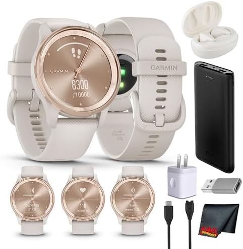 Garmin vivomove Trend Stylish Hybrid Smartwatch, Analog Watch with Hidden Touchscreen, 5 Days Battery - Peach Gold Steel Bezel - Ivory Case - Silicone Band Bundle with Wireless Earbuds + More