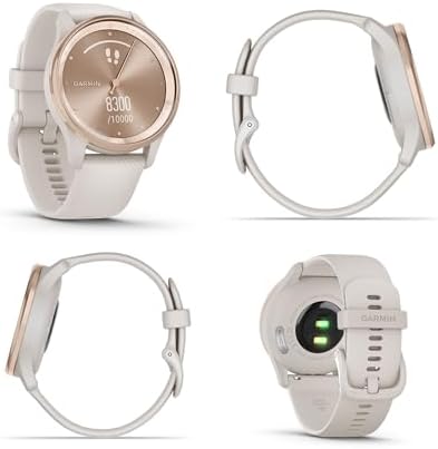Garmin vivomove Trend Stylish Hybrid Smartwatch, Analog Watch with Hidden Touchscreen, 5 Days Battery - Peach Gold Steel Bezel - Ivory Case - Silicone Band Bundle with Wireless Earbuds + More