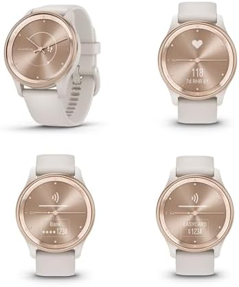 Garmin vivomove Trend Stylish Hybrid Smartwatch, Analog Watch with Hidden Touchscreen, 5 Days Battery - Peach Gold Steel Bezel - Ivory Case - Silicone Band Bundle with Wireless Earbuds + More