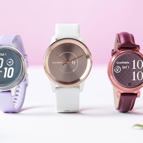 Garmin vivomove Trend Stylish Hybrid Smartwatch, Analog Watch with Hidden Touchscreen, 5 Days Battery - Peach Gold Steel Bezel - Ivory Case - Silicone Band Bundle with Wireless Earbuds + More