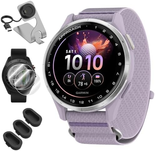Garmin Approach J1 Silver Aluminum Bezel with Lilac ComfortFit Fabric Band 010-03898-10 Bundle with Deco Essentials Charging Dock, 3X Silicone Dust Cover and 2X 1.2 Inch Screen Protector
