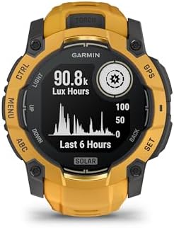 Garmin Instinct 3 – 50 mm, Solar, Rugged Outdoor GPS Smartwatch, Built-in Flashlight, Alpine Rush Collection Limited Edition Color, Sunburst with Sunburst/Gray Band
