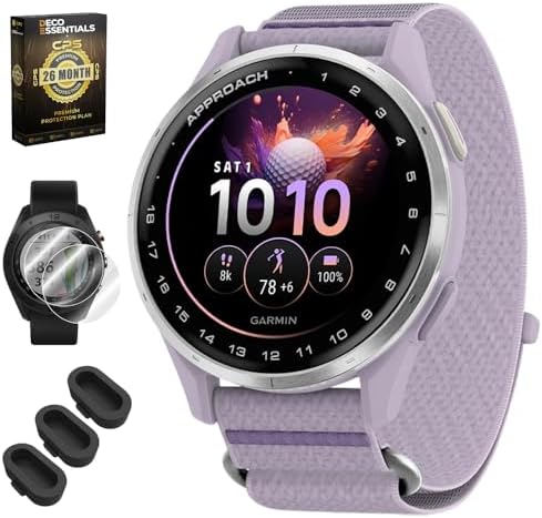 Garmin Approach J1 Silver Aluminum Bezel with Lilac ComfortFit Fabric Band 010-03898-10 Bundle with 26‑Month Protection Plan, 3X Deco Essentials Silicone Dust Cover and 2X Screen Protector