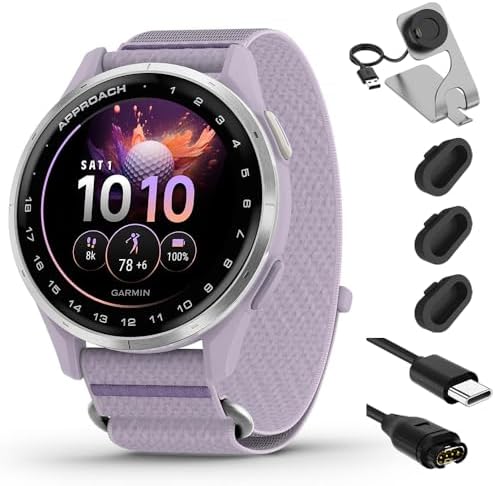 Garmin Approach J1 Silver Aluminum Bezel with Lilac ComfortFit Fabric Band 010-03898-10 with Deco Essentials Charging Dock Silicone Dust Cover 3 Pack and USB C Charging Sync Cable Bundle