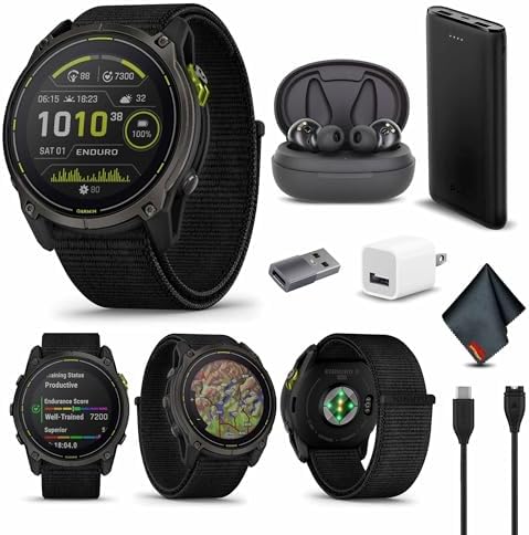 Garmin Enduro 3, Solar, Sapphire Multisport GPS Smartwatch Carbon Gray DLC Titanium with Black Ultrafit Nylon Strap, 90 Days Battery, Built-in LED Flashlight, Bundle