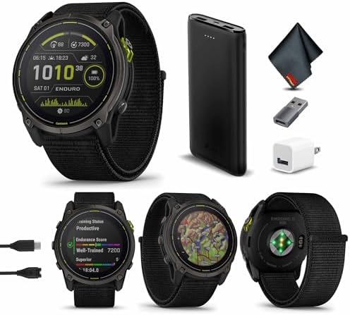 Garmin Enduro 3, Solar, Sapphire, Ultraperformance GPS Smartwatch, 90 Days Battery Life, Carbon Gray DLC Titanium with Black Ultrafit Nylon Strap Bundle