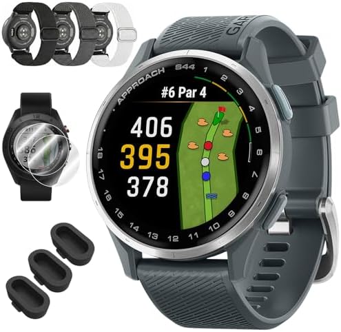 Garmin Approach S44 GPS Golf Smartwatch, Silver Aluminum Bezel w/Twilight Band 010-03009-01 Bundle with Deco Essentials 3X Nylon Elastic Bands, 3X Silicone Dust Cover and 2X Screen Protector