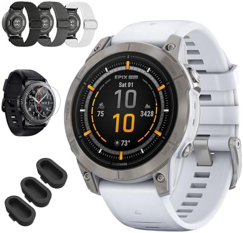 Garmin epix Pro (Gen 2) Sapphire Edition, 47mm, High Performance Smartwatch, Advanced Training Technology, Built-in Flashlight, Whitestone - Bundle w/Deco Essentials Nylon Bands & Screen Protectors