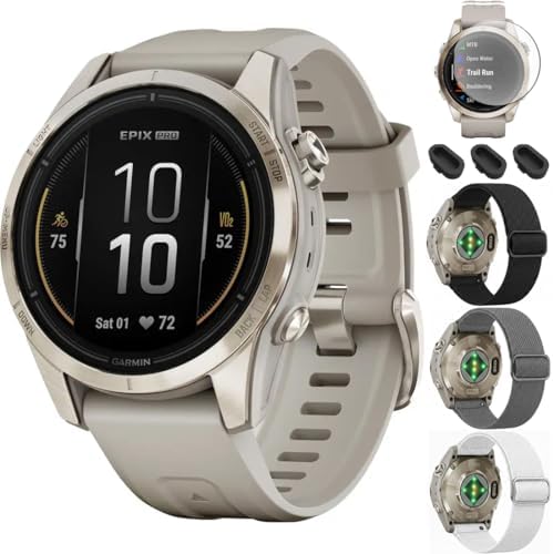 Garmin epix Pro (Gen 2) Sapphire Edition, 42mm, High Performance Smartwatch, Advanced Training Technology, Built-in Flashlight, Light Sand - Bundle w/Deco Essentials Nylon Bands & Screen Protectors