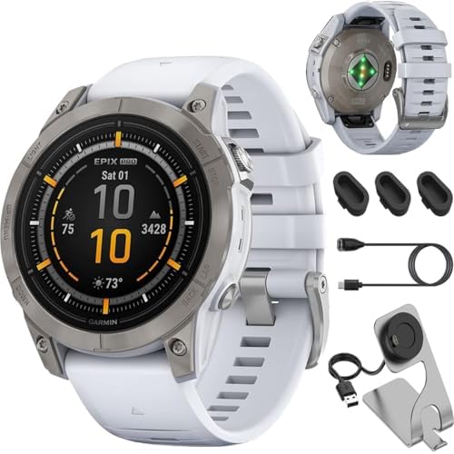 Garmin epix Pro (Gen 2) Sapphire Edition, 47mm, High Performance Smartwatch, Advanced Training Technology, Built-in Flashlight, Whitestone - Bundle w/Deco Essentials Charging Dock & USB-C Cable