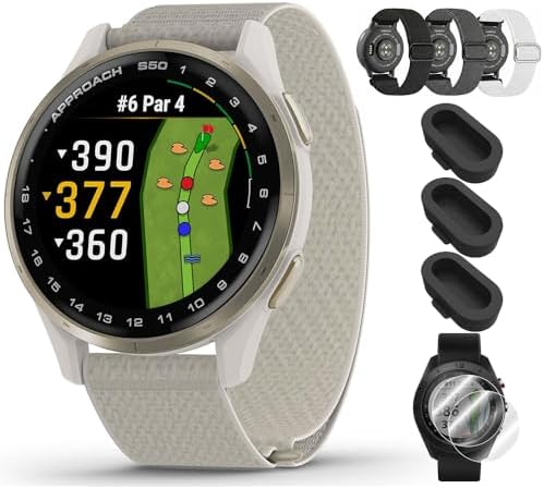 Garmin Approach S50, Advanced Golf GPS Smartwatch, AMOLED Display, On-Course Features, Cream Gold Aluminum Bezel with Ivory ComfortFit Nylon Band - Bundle w/Deco Essentials Nylon Elastic Bands