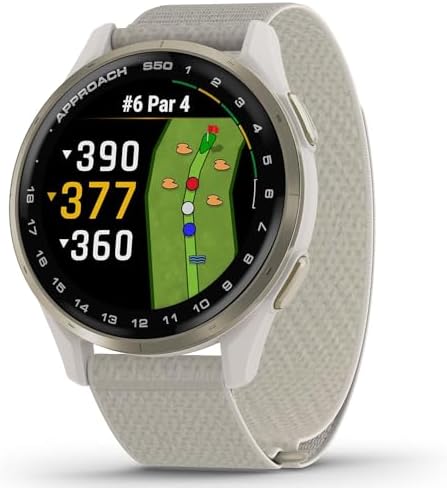 Garmin Approach S50, Advanced Golf GPS Smartwatch, AMOLED Display, On-Course Features, Cream Gold Aluminum Bezel with Ivory ComfortFit Nylon Band - Bundle w/Deco Essentials Nylon Elastic Bands