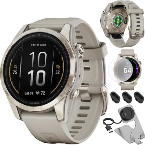 Garmin epix Pro (Gen 2) Sapphire Edition, 42mm, High Performance Smartwatch, Advanced Training Technology, Built-in Flashlight, Light Sand - Bundle w/Deco Essentials Charging Dock & Screen Protectors