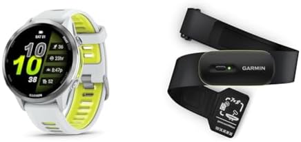Bundle of Garmin® Forerunner® 970, Premium GPS Smartwatch, AMOLED Display, Built-in LED Flashlight, Titanium with Whitestone Case and Whitestone/Translucent Amp Yellow Band + Garmin® HRM 600, M-XL