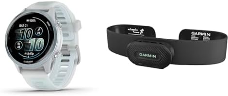 Bundle of Garmin® Forerunner® 570, 42mm, GPS Running Smartwatch, AMOLED Display, Training and Recovery Features, Cloud Blue Aluminum with Translucent Whitestone/Band + Garmin HRM-Fit