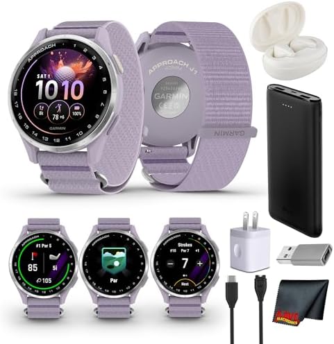 Garmin Approach J1 Junior GPS Golf Smartwatch, Silver Aluminum Bezel with Lilac ComfortFit Fabric Band, Features for Learning and Improving, Pace of Play Timer Bundle