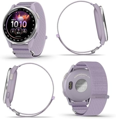 Garmin Approach J1 Junior GPS Golf Smartwatch, Silver Aluminum Bezel with Lilac ComfortFit Fabric Band, Features for Learning and Improving, Pace of Play Timer Bundle