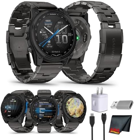 Garmin D2 Mach 2 Aviator Smartwatch, 51mm AMOLED Touchscreen, GPS Moving Map with Aviation Weather, Sapphire Lens, Built-in Flashlight, Carbon Gray DLC Titanium with Vented Bracelet Bundle