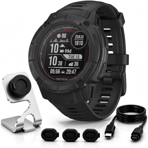 Garmin Instinct 2X Solar Tactical Edition, Solar Charging, Rugged GPS Smartwatch, Built-in Flashlight, Ballistics Calculator, Black 010-02805-13 Bundle with Deco Essentials Charging Dock Kit
