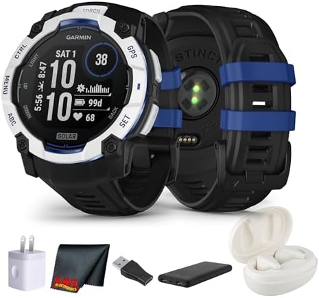 Garmin Instinct 3 Solar Rugged GPS Smartwatch, 50 mm Case, Unlimited Battery with Solar Charging, Multi-Band GPS, Built-in Flashlight, Whitestone with Black/Bolt Blue Band (Supernova Collection)
