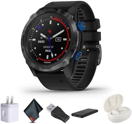Garmin Descent Mk2i, Watch-Style Dive Computer with Air Integration, Multisport Smartwatch, Titanium Carbon Gray DLC with Black Band Bundle with Microfiber Cleaning Cloth + Wireless Earbuds
