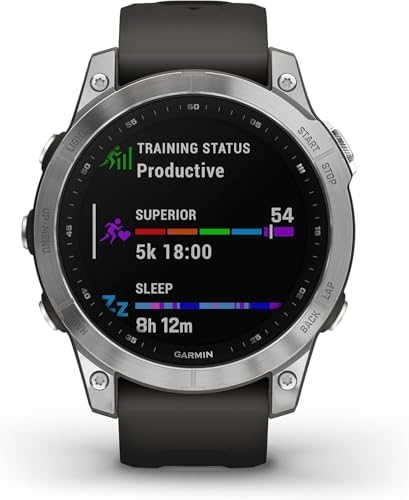 Garmin 010-02540-00 fenix 7, adventure smartwatch, rugged outdoor watch with GPS, touchscreen, health and wellness features, silver with graphite band (Renewed Premium)