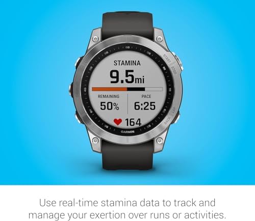 Garmin 010-02540-00 fenix 7, adventure smartwatch, rugged outdoor watch with GPS, touchscreen, health and wellness features, silver with graphite band (Renewed Premium)