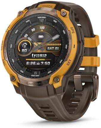 Garmin Instinct® Crossover AMOLED, Rugged Hybrid GPS Smartwatch with Analog Watch Hands and Bright AMOLED Display, Bronze/Sunburst with Cocoa Silicone Band