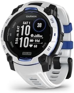 Garmin Instinct 3 – 45 mm, Solar, Rugged Outdoor GPS Smartwatch, Built-in Flashlight, Supernova Collection Limited Edition Color, Whitestone with Whitestone/Bolt Blue Silicone Band